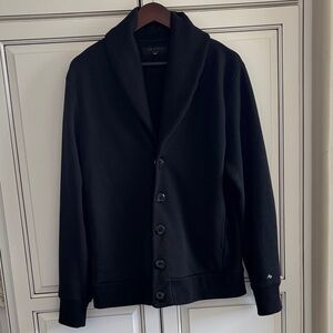 Rag & Bone Black Cotton Shall Collar Wool Elbows Cardigan Sweater Mens Large